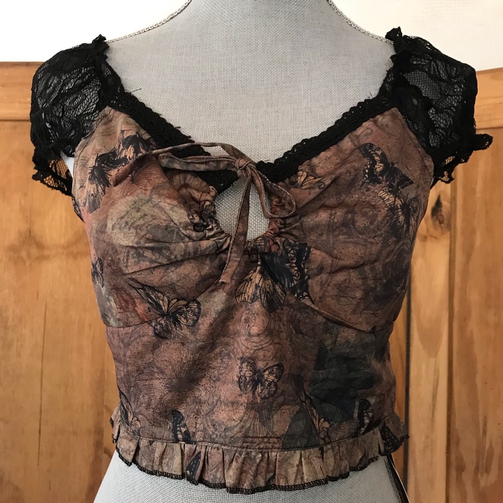 Womens Brown Butterfly Lace-Trim Crop Top